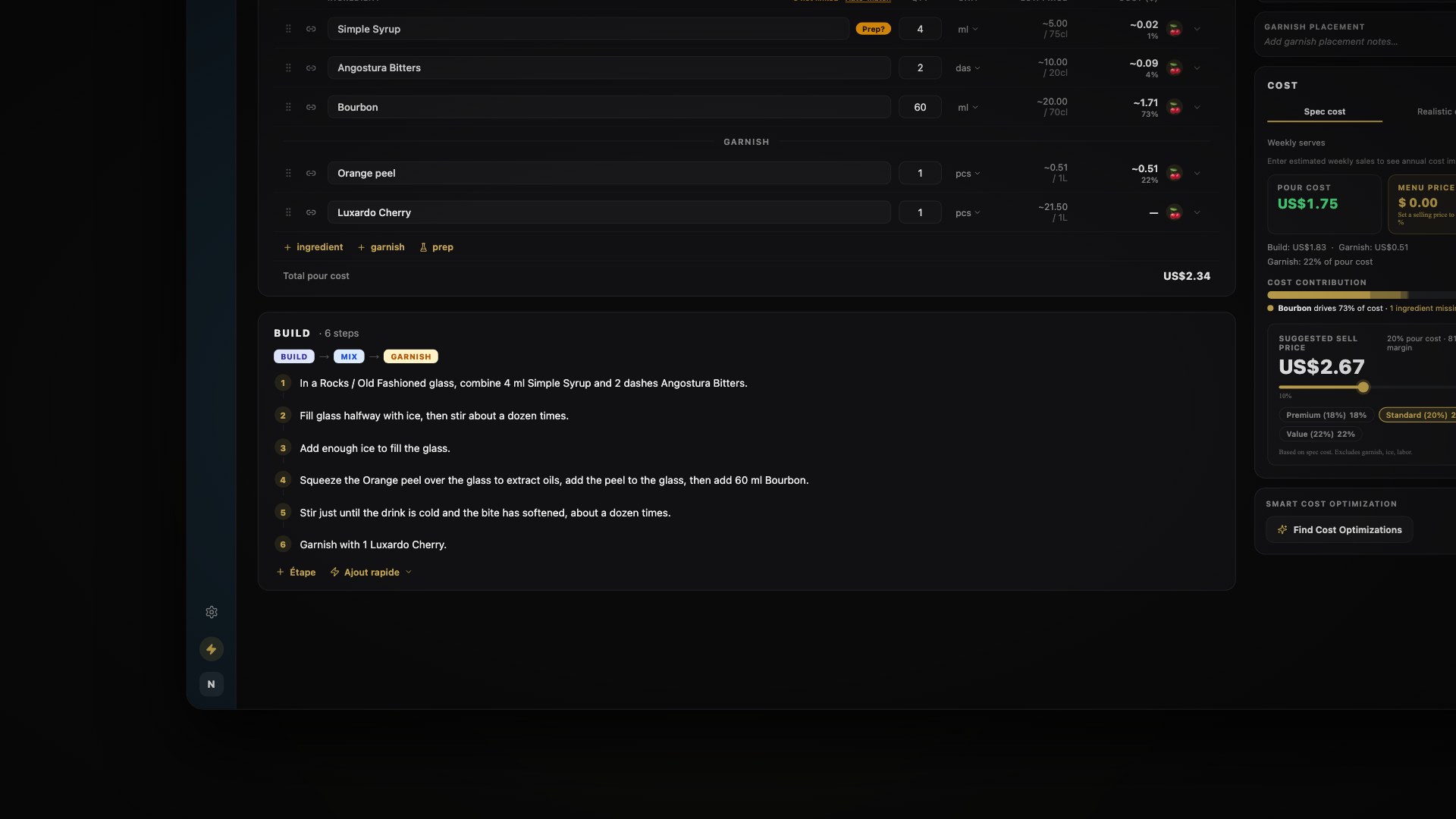 An imported cocktail as a draft spec: build steps, pour cost and suggested selling price