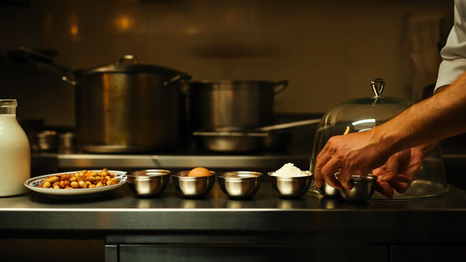 Chef's hands arranging bowls of peanuts, flour, egg and milk beside a plated dish under a glass cloche
