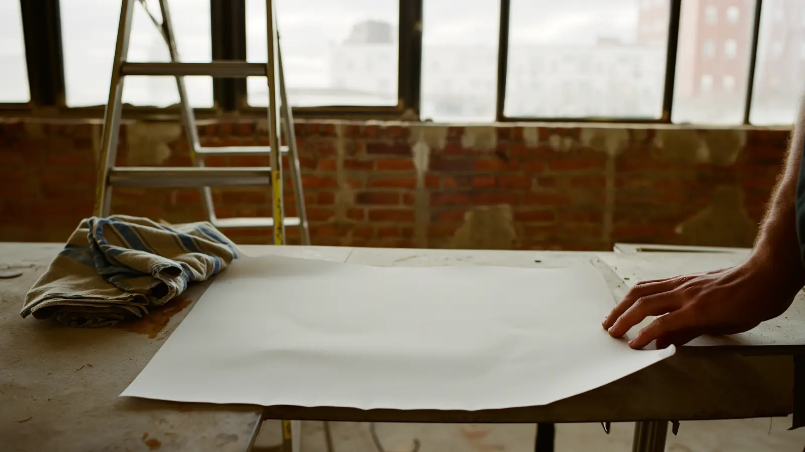 Hand on a blank plan sheet in a raw space under renovation