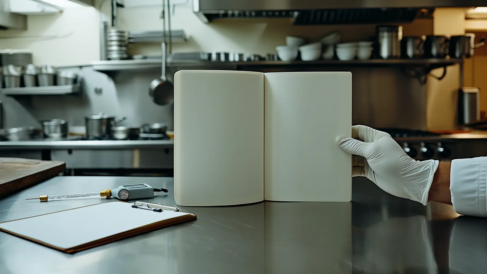 A Swiss kitchen pass at inspection hour: gloved hand presenting an open blank logbook beside a probe thermometer