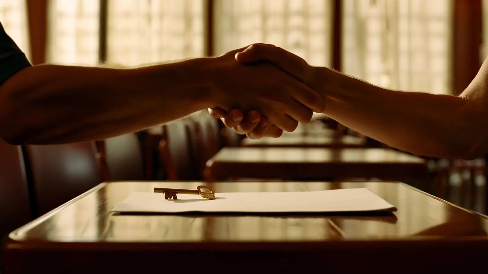 Handshake over a bistro table with a key and blank document