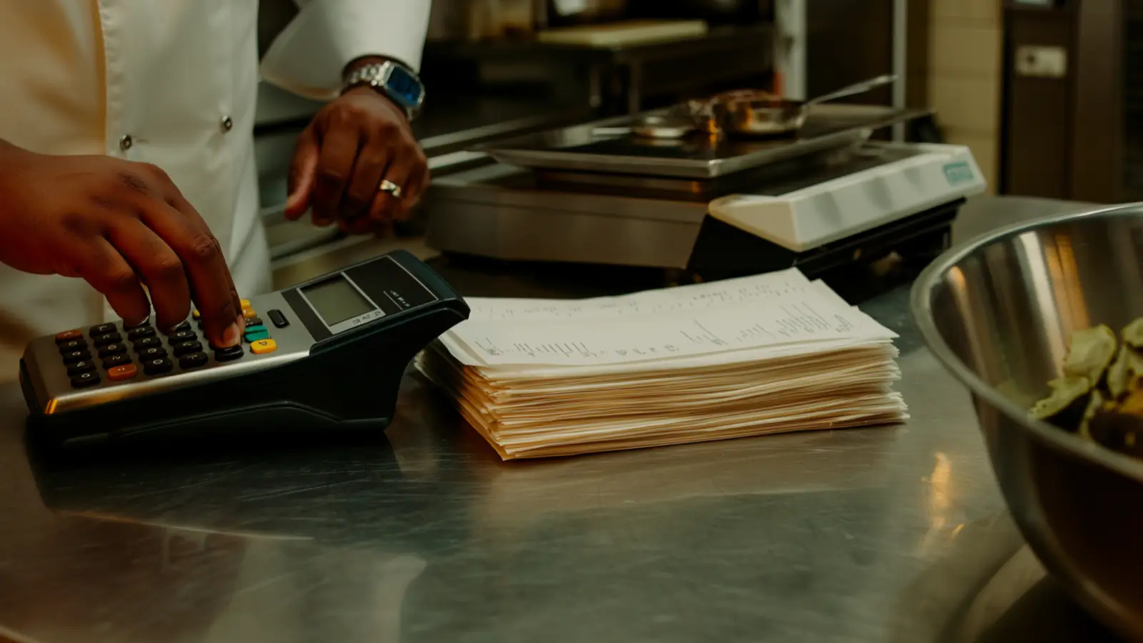Chef's hands tapping a calculator beside a kitchen scale and a stack of supplier invoices on a steel counter