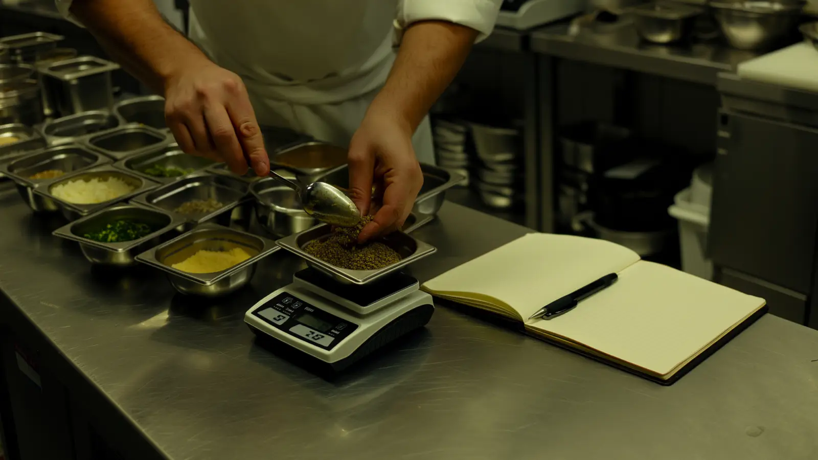 Chef's hands spooning mise en place onto a kitchen scale beside an open notebook in a professional kitchen