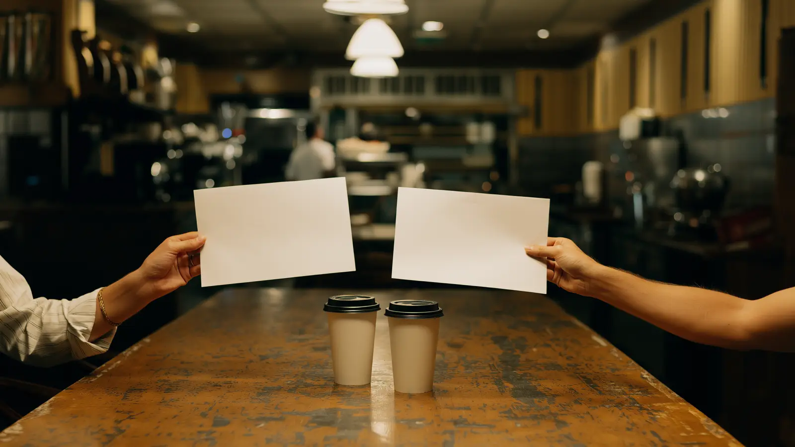 Two pairs of hands negotiating over blank invoice papers spread across a wooden restaurant table