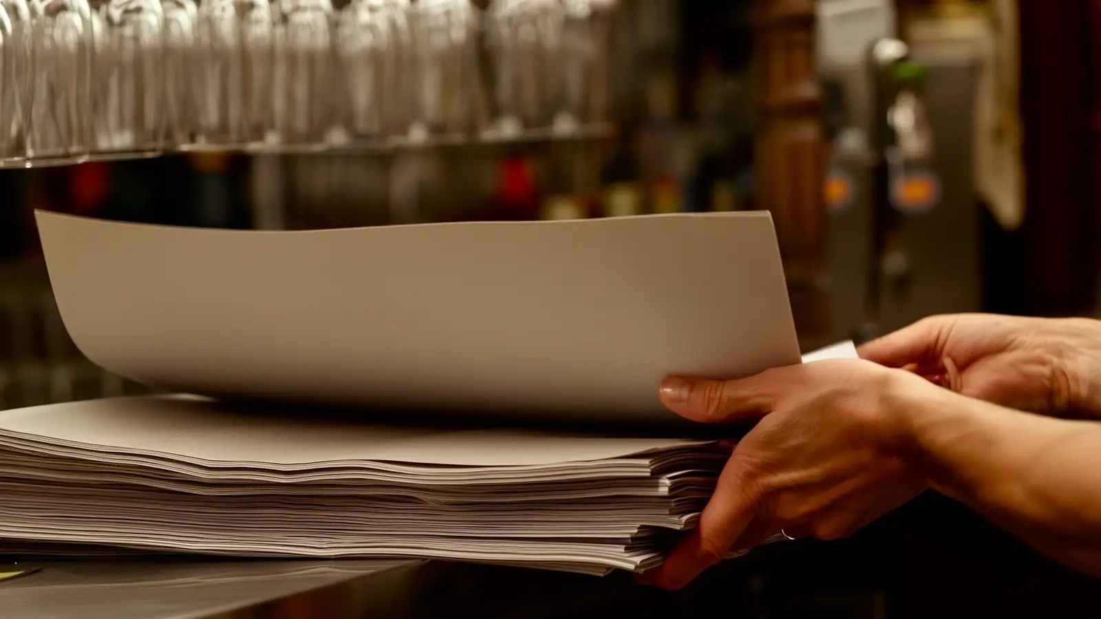 Hands leafing through a stack of blank pages on a bar counter