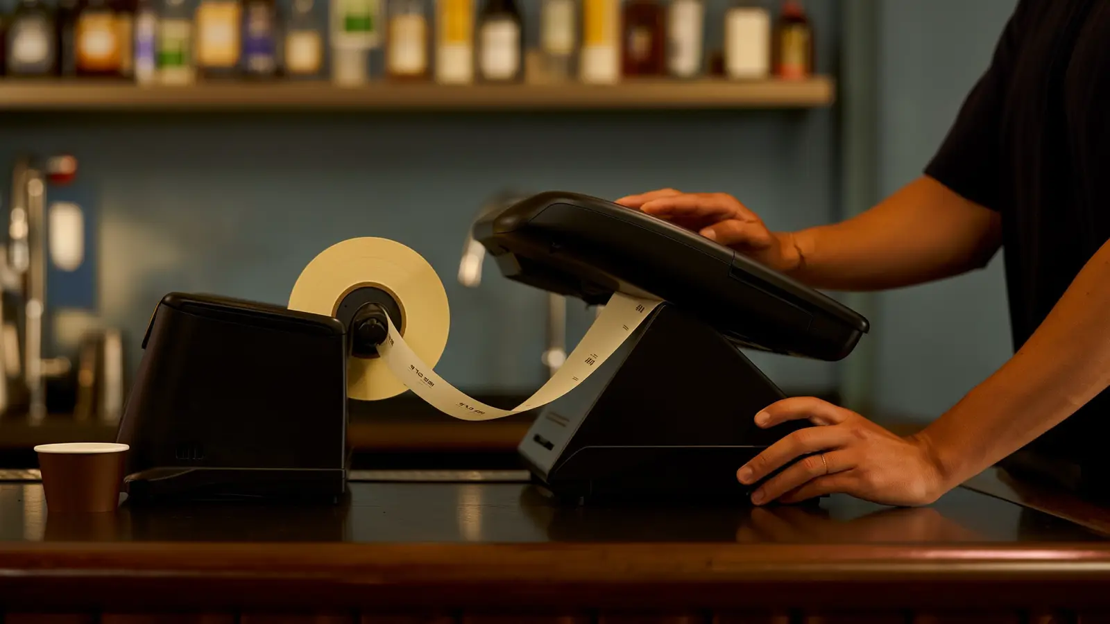 Hands pulling a long printed register tape from a terminal on a dark bar counter, coffee cup beside it