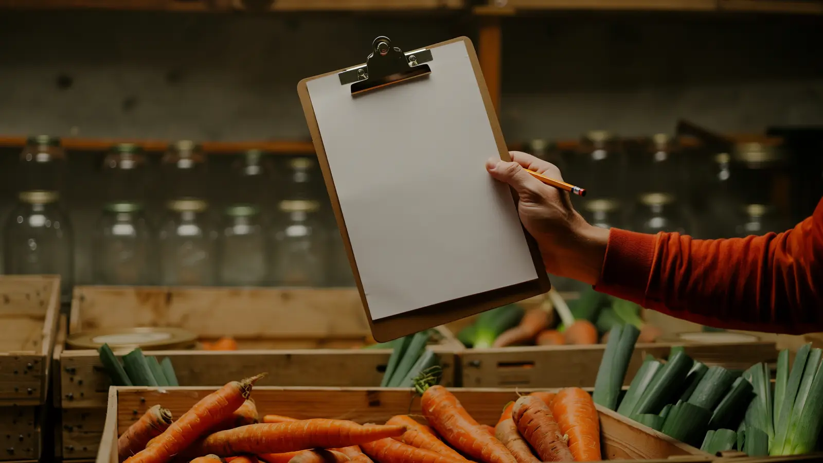 A blank clipboard and pencil resting on wooden produce crates in a restaurant's dry storage room