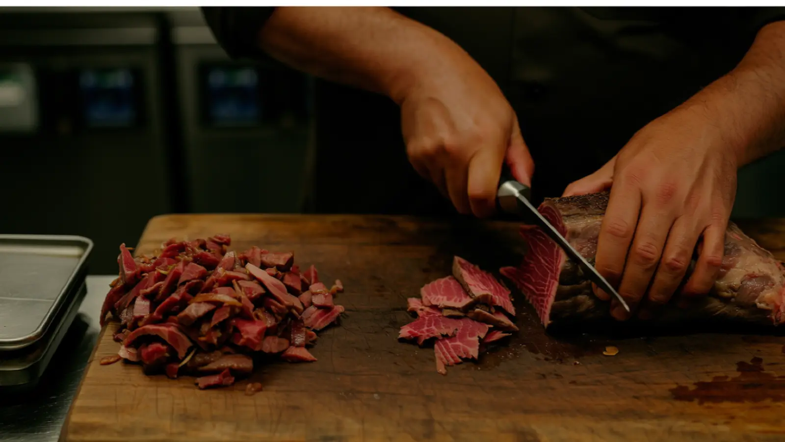 Mains de boucher parant une pièce de bœuf sur un billot marqué, parures sur le côté, balance en attente