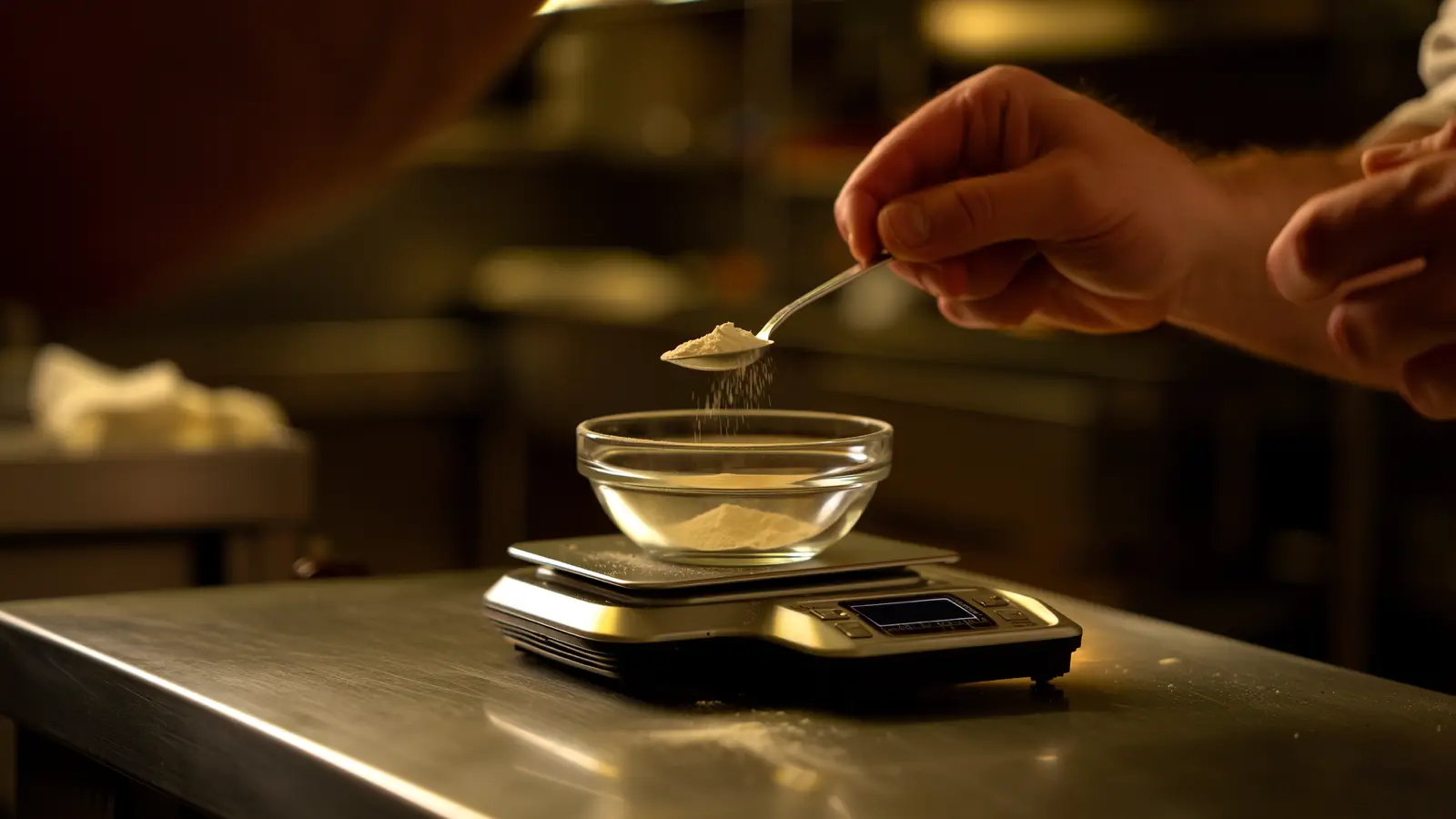 Spooning flour onto a digital scale with a blank screen