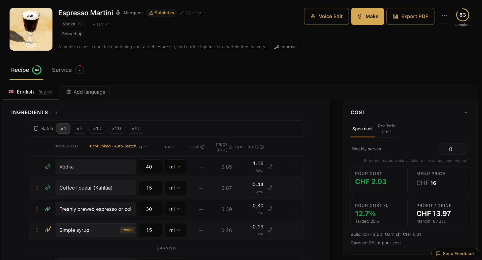 A costed spec in methodus: live ingredient prices, pour cost and profit per drink