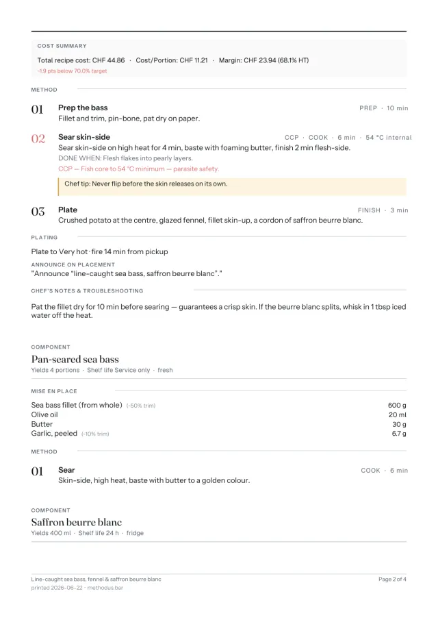 Page 2: step-by-step method with control points, plating and chef's notes