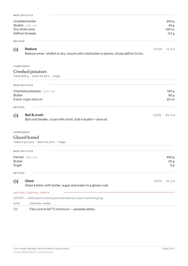 Page 3: itemised components (sub-recipes) and the HACCP control-points table