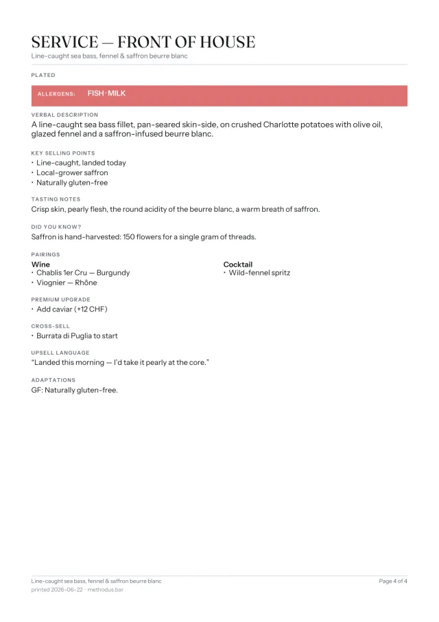 Page 4: front-of-house service sheet (pitch, pairings, allergens, upsell)