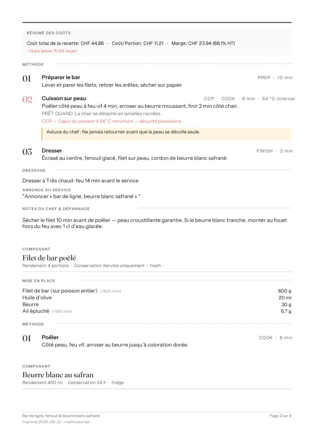 Page 2 : méthode pas-à-pas avec points de contrôle, dressage et notes du chef