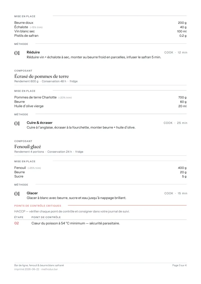 Page 3 : composants détaillés (sous-recettes) et tableau des points de contrôle HACCP