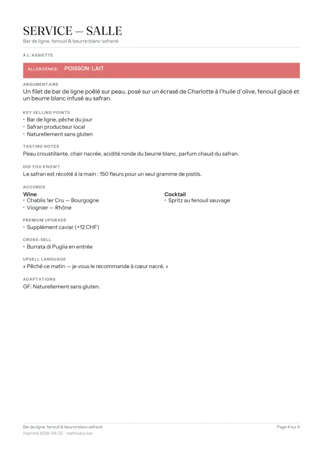 Page 4 : fiche service en salle (argumentaire, accords, allergènes, upsell)