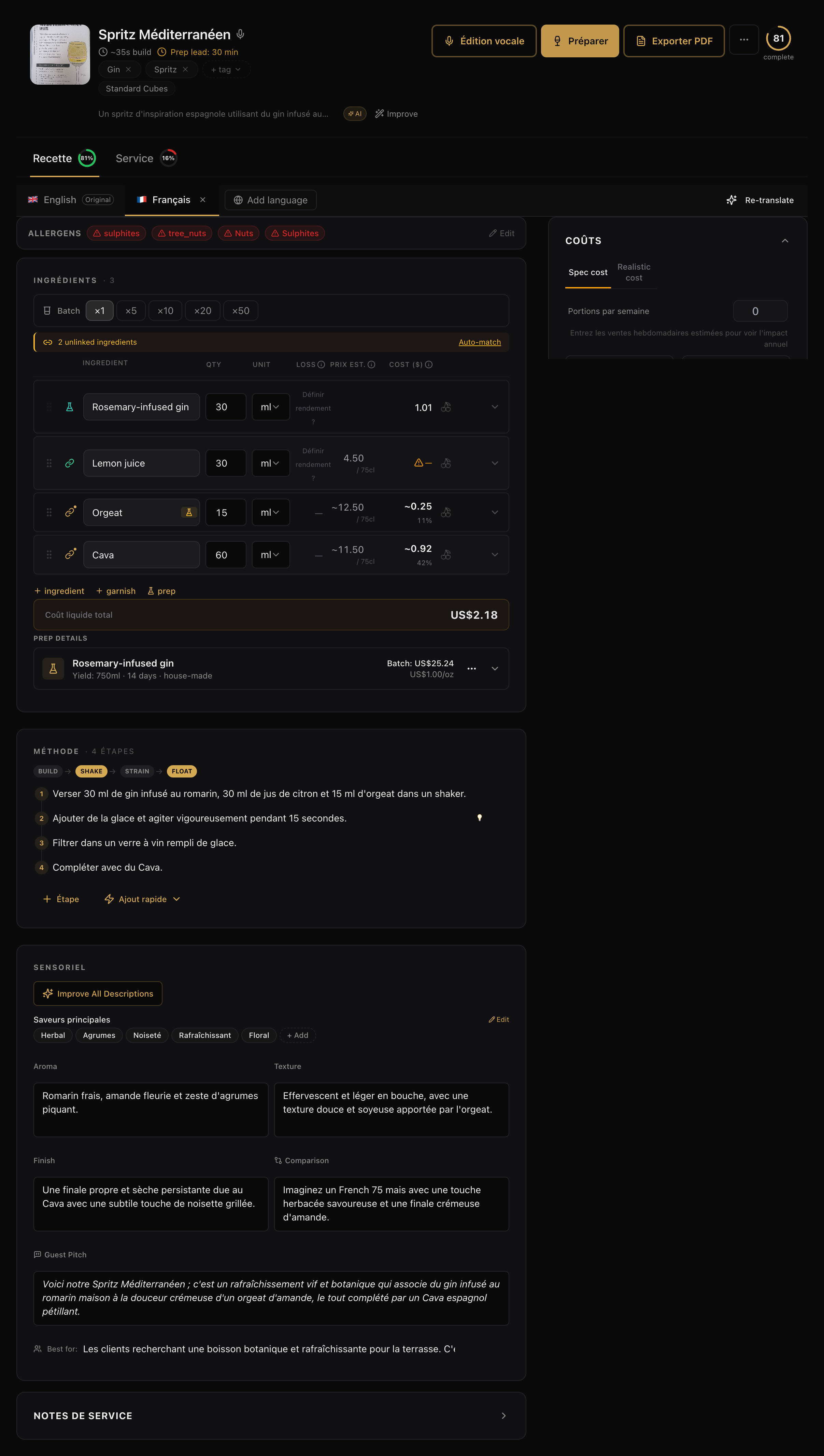 The methodus recipe editor: a costed fiche with batch scaling, allergens and translations